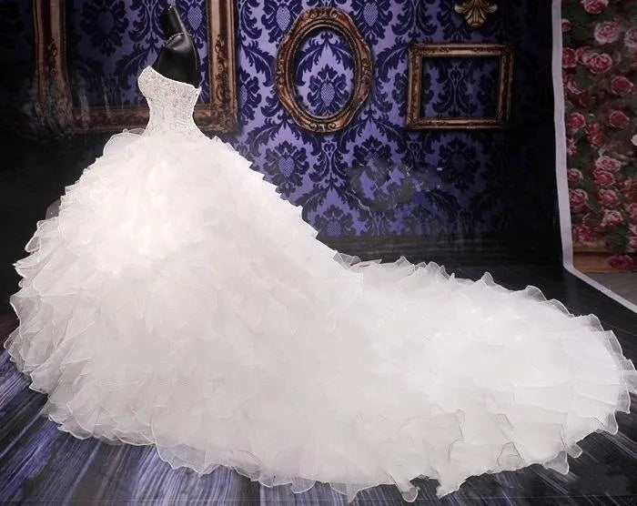 Luxury Beaded Embroidery Ball Gowns Wedding Dresses Princess Gown Corset Sweetheart Organza Ruffles Cathedral Train Bridal Dress Plus Size Custom Made