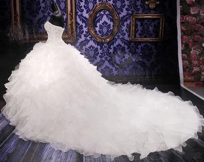 Luxury Beaded Embroidery Ball Gowns Wedding Dresses Princess Gown Corset Sweetheart Organza Ruffles Cathedral Train Bridal Dress Plus Size Custom Made