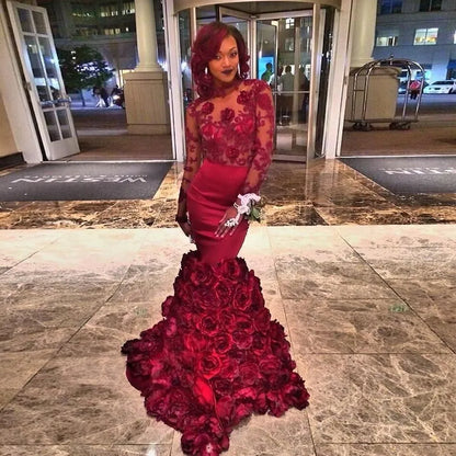 Romantic Red Evening Dress Mermaid With Rose Floral Ruffles Sheer Prom Gown With Applique Long Sleeve Prom Dresses With Bra Sweep Train