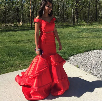 New Designer Popular Prom Dresses Two Piece Mermaid Off the Shoulder Sleeveless Evening Dress Tiered Satin Sweep Train Special Occasion Dres