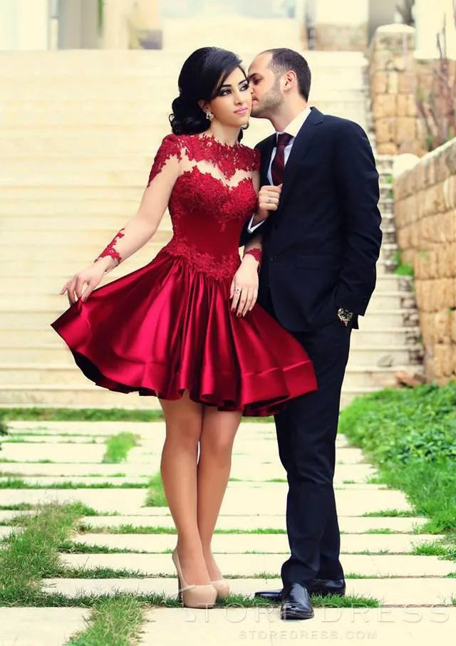 Retro Elegant High Neck Puffy Burgundy Short Mini Prom Dresses Party Dresses Appliques Sheer Back Long Sleeves Satin Cocktail Party Dresses