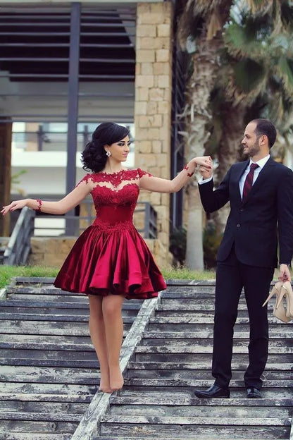 Retro Elegant High Neck Puffy Burgundy Short Mini Prom Dresses Party Dresses Appliques Sheer Back Long Sleeves Satin Cocktail Party Dresses
