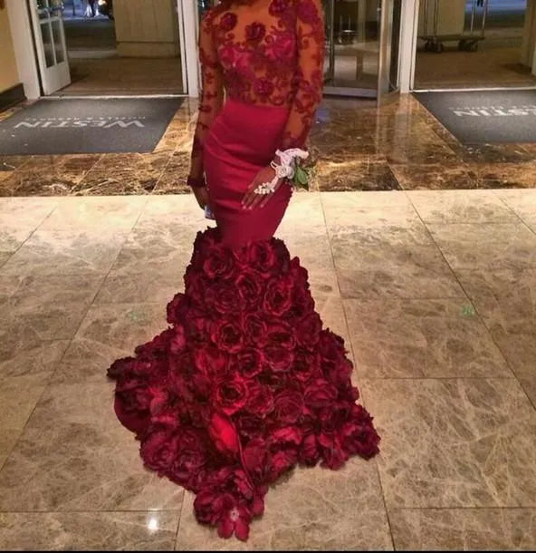 Romantic Red Evening Dress Mermaid With Rose Floral Ruffles Sheer Prom Gown With Applique Long Sleeve Prom Dresses With Bra Sweep Train