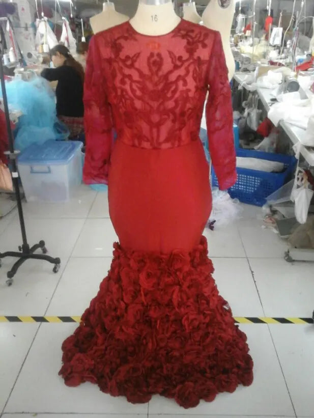 Romantic Red Evening Dress Mermaid With Rose Floral Ruffles Sheer Prom Gown With Applique Long Sleeve Prom Dresses With Bra Sweep Train