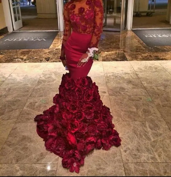 Romantic Red Evening Dress Mermaid With Rose Floral Ruffles Sheer Prom Gown With Applique Long Sleeve Prom Dresses With Bra Sweep Train