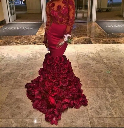 Romantic Red Evening Dress Mermaid With Rose Floral Ruffles Sheer Prom Gown With Applique Long Sleeve Prom Dresses With Bra Sweep Train