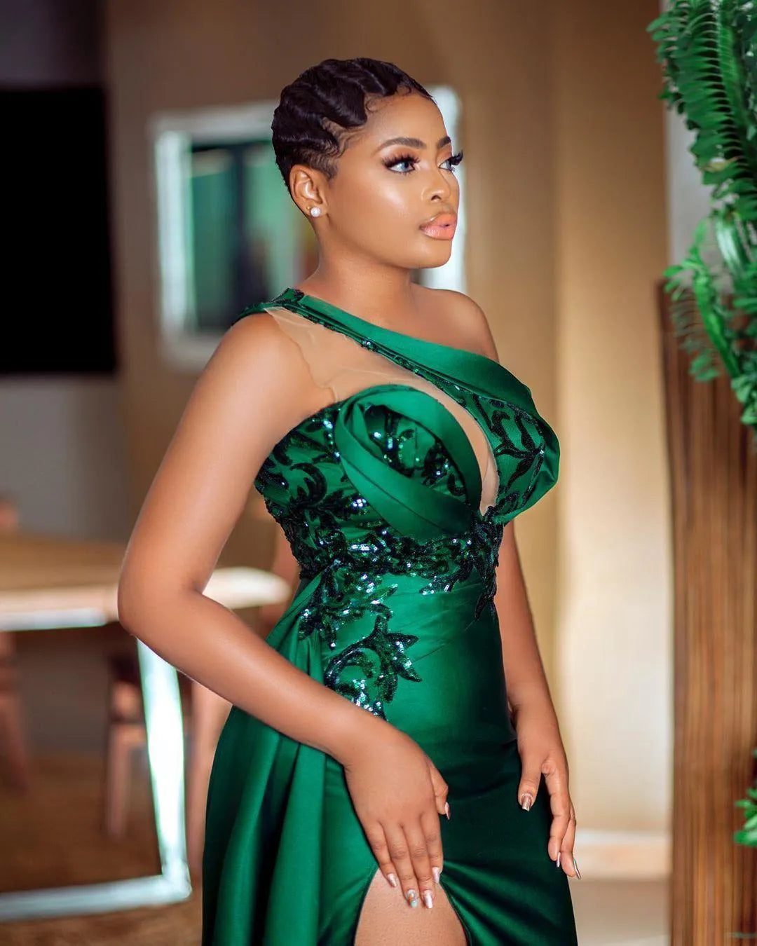Hunter Green One Shoudler Neckline Evening Dresses  High Side Split Long Sweep Vestidos De Fiesta Arabic Aso Ebi Prom Dress