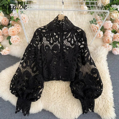 Neploe Lace Sexy Hollow Out Stand Collar Shirt Solid Color  All-match Zip Femme Blusas Chic Lantern Sleeve Women Blouses 210315