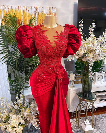 Plus Size Arabic Aso Ebi Red Mermaid Lace Prom Dresses Beaded Sheer Neck Velvet Evening Formal Party Second Reception Gowns Dress ZJ446