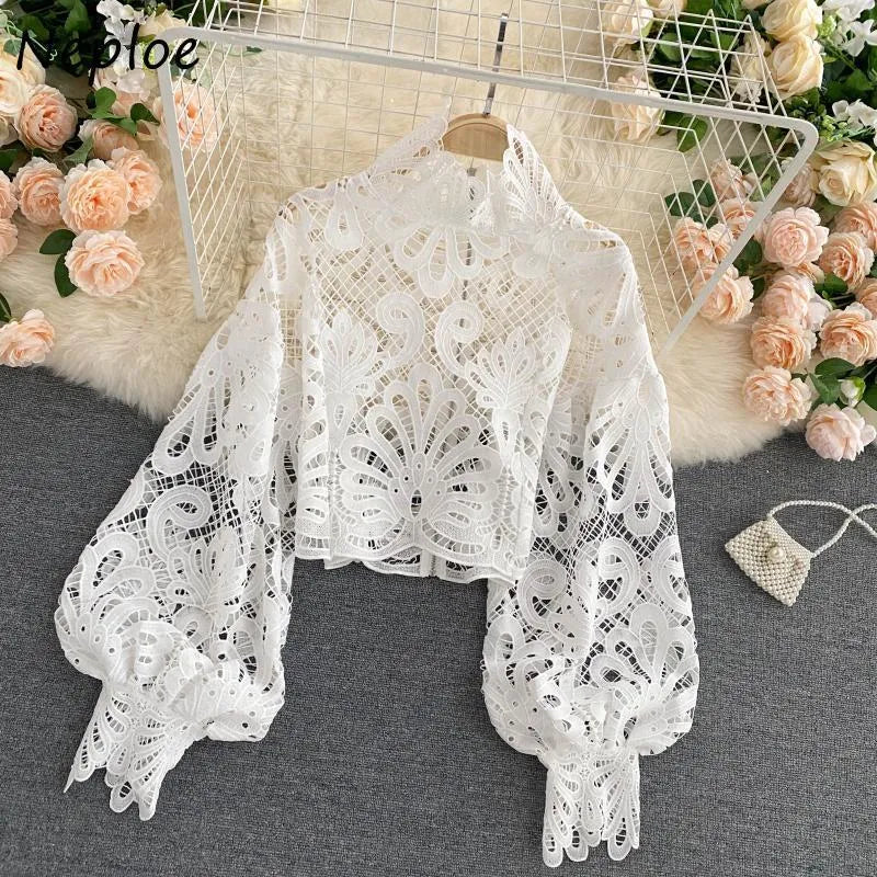 Neploe Lace Sexy Hollow Out Stand Collar Shirt Solid Color  All-match Zip Femme Blusas Chic Lantern Sleeve Women Blouses 210315