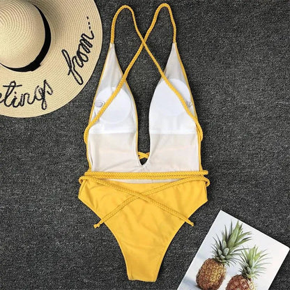 Women Swimwear One Piece Sexy Bikini Woven String Swimsuit Fused Halter Bathing Suit Monokin High Cut Swim Wear Blue