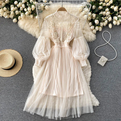 Spring Autumn Sweet Women Mesh Dress Elegant Stand Collar Lantern Long Sleeve High Waist 2Pcs Party Vestidos Female New Fashion