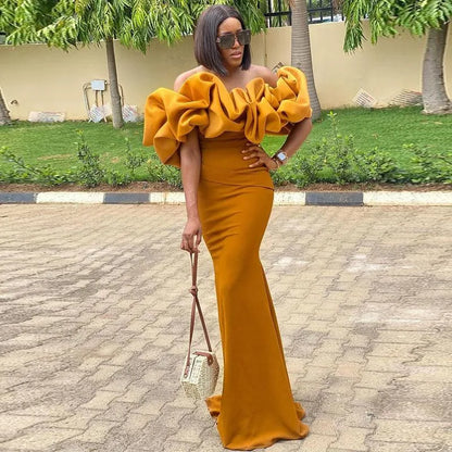 Mustard Yellow Mermaid Bridesmaids Dresses Ruffles Off Shoulder Wedding Guest Gowns Black Girl Maid Of the honor Dress Plus Size robes de cocktail
