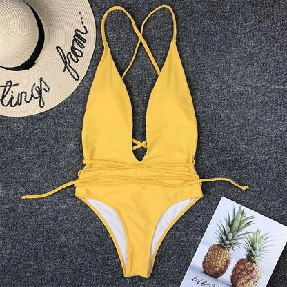 Women Swimwear One Piece Sexy Bikini Woven String Swimsuit Fused Halter Bathing Suit Monokin High Cut Swim Wear Blue