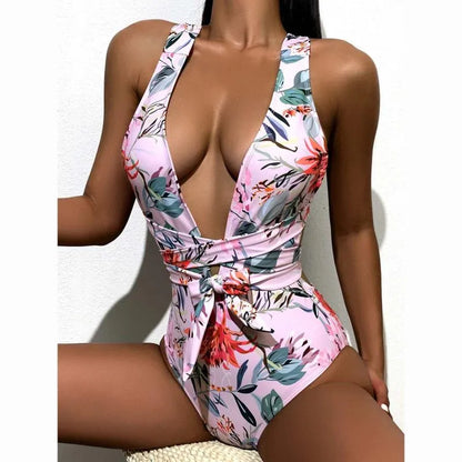 Women Swimwear all-in-one Swimsuit Womens Bikini Flower Print High Waist Sleeveless V Neck Halter One Piece Bathing Suit Casual Maillot De Vest swimsuit