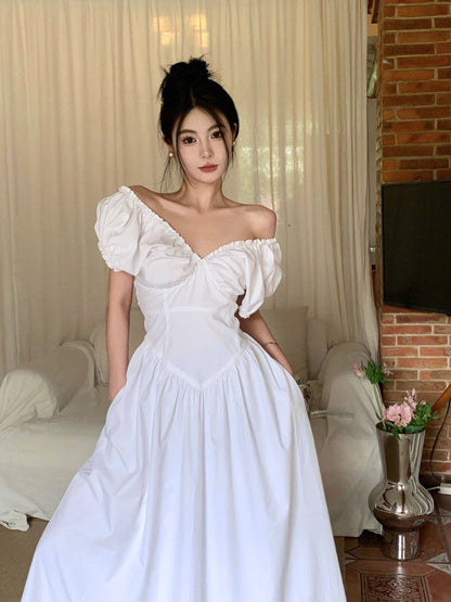 Zllkl Zianna Solid Color French V-neck Puff Short Sleeve Ruffled A-Line Long Maxi Dress