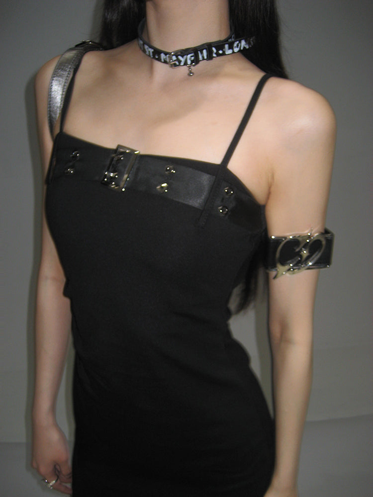 Zllkl Azelia Solid Color Black Chest Belt Strap Spaghetti Straps Square Neck Bandeau Side Slit Long Summer Dress