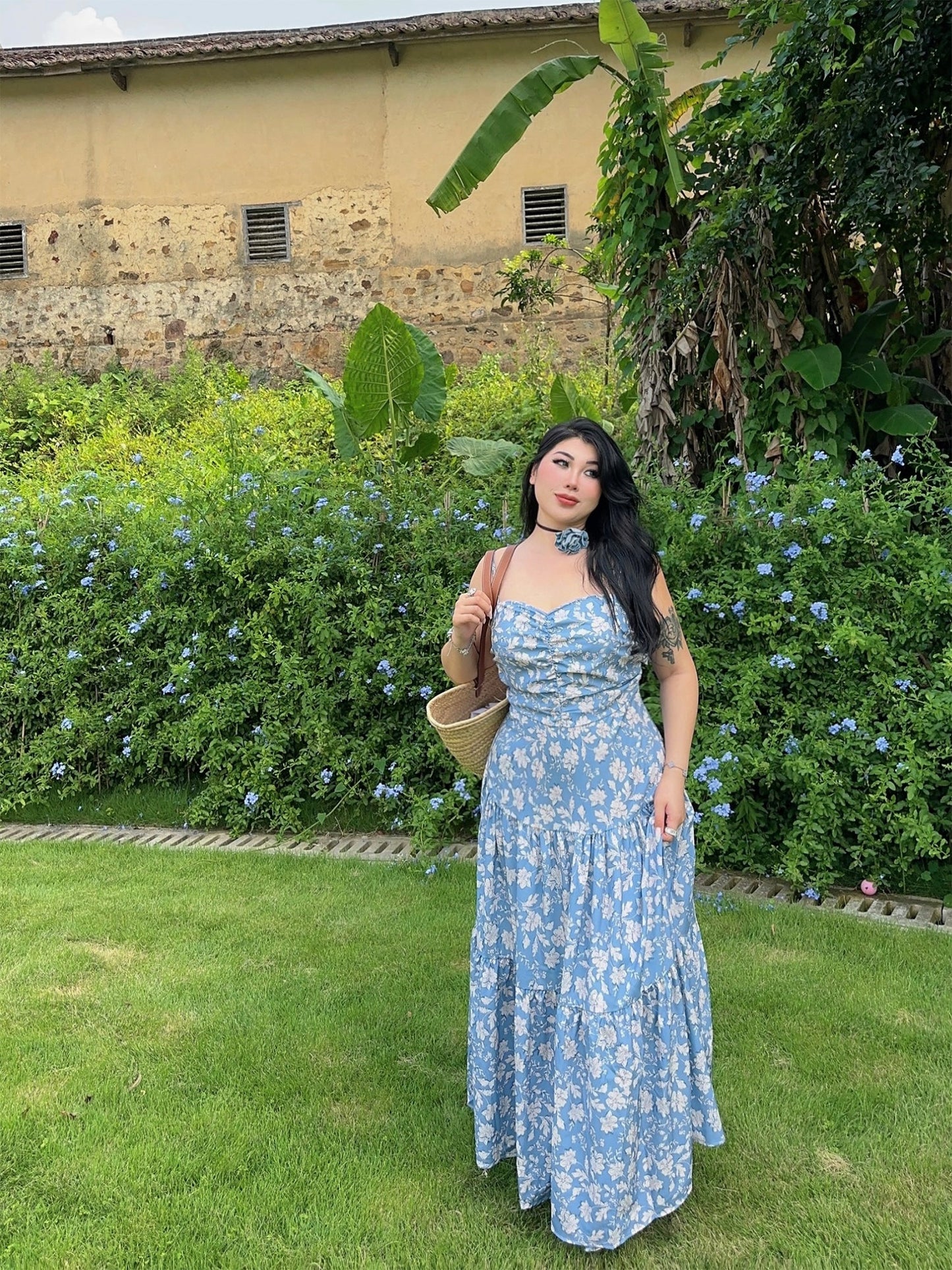 Zllkl Naya Floral Blue Plus Size French Slip A-Line Long Maxi Dress + Long Sleeve Cardigan Set