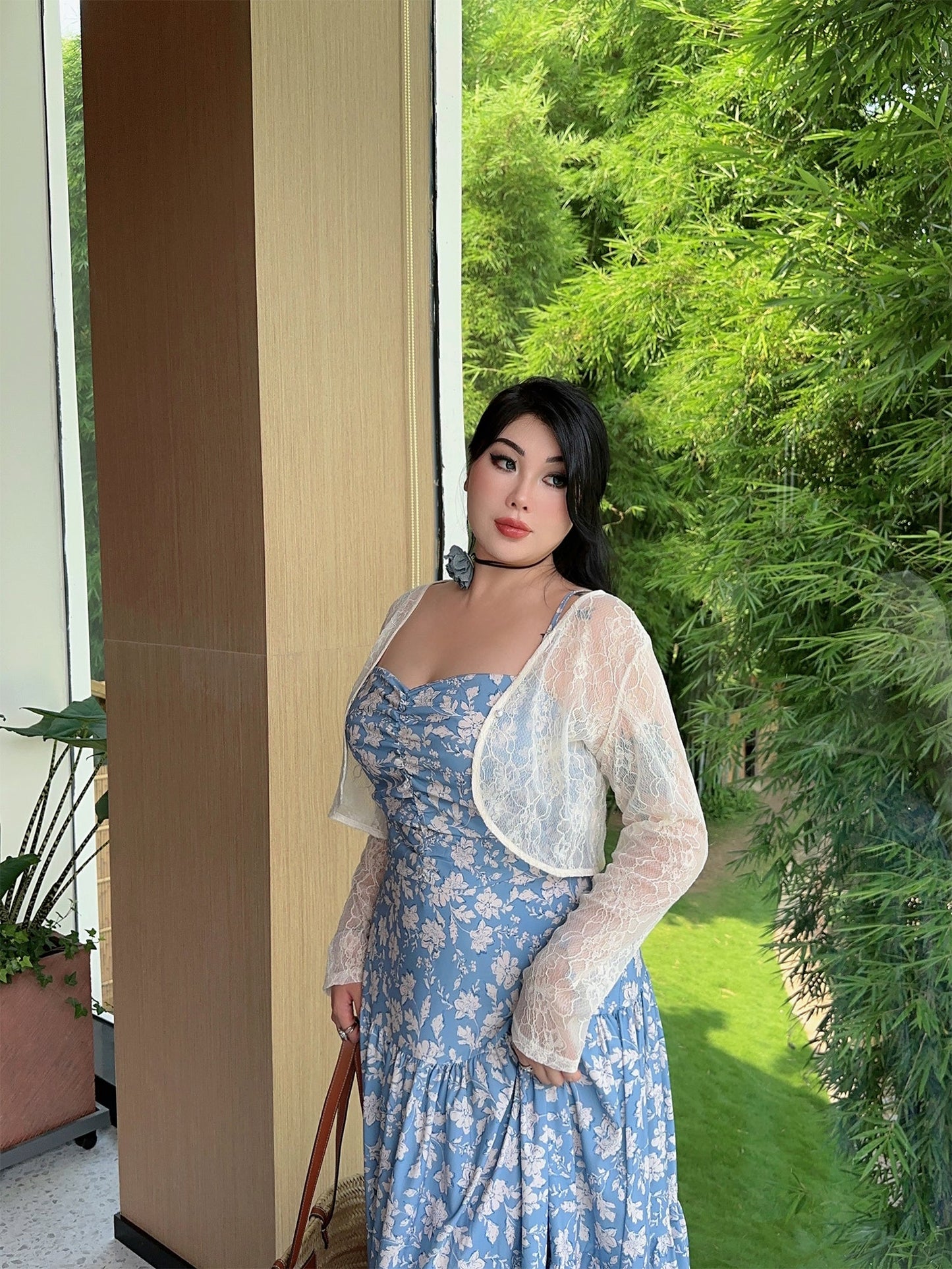 Zllkl Naya Floral Blue Plus Size French Slip A-Line Long Maxi Dress + Long Sleeve Cardigan Set