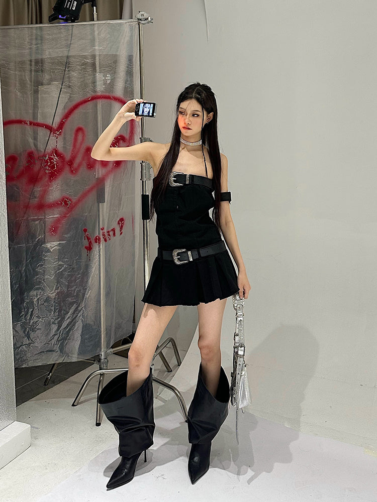 Zllkl Camile Solid Color Denim Black Sleeveless Bandeau Pleated Mini Dress
