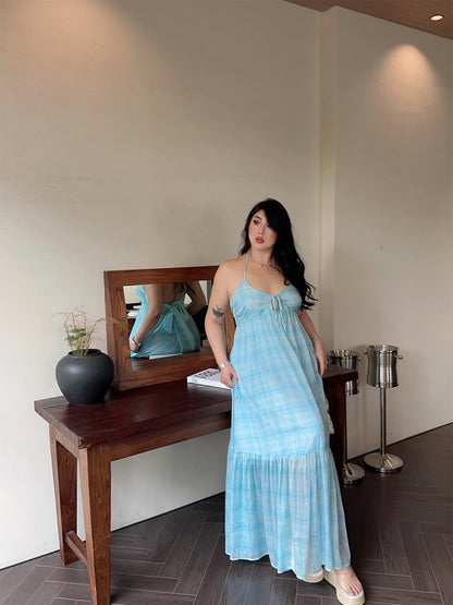 Zllkl Clara Plus Size Plaid Mint Green French V-Neck Slip Spaghetti Strap Long Dress
