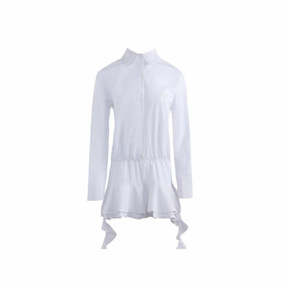 Zllkl Gia Solid Color White Ruffles Irregular Waist Button Shirt Pleated Tassel Mini Dress