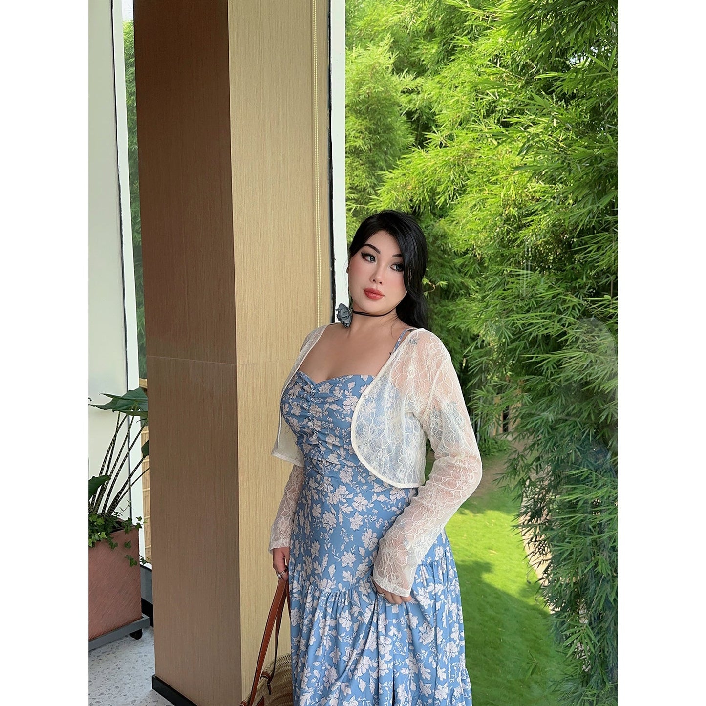 Zllkl Naya Floral Blue Plus Size French Slip A-Line Long Maxi Dress + Long Sleeve Cardigan Set