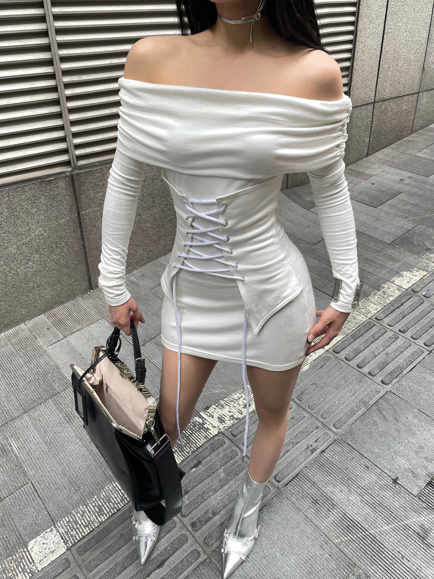 Zllkl Marinda Solid Color White Long Sleeve Off-the-Shoulder Slim Mini Dress + Lace Up Under Bust Corset