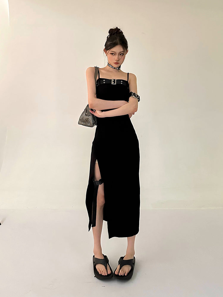 Zllkl Azelia Solid Color Black Chest Belt Strap Spaghetti Straps Square Neck Bandeau Side Slit Long Summer Dress