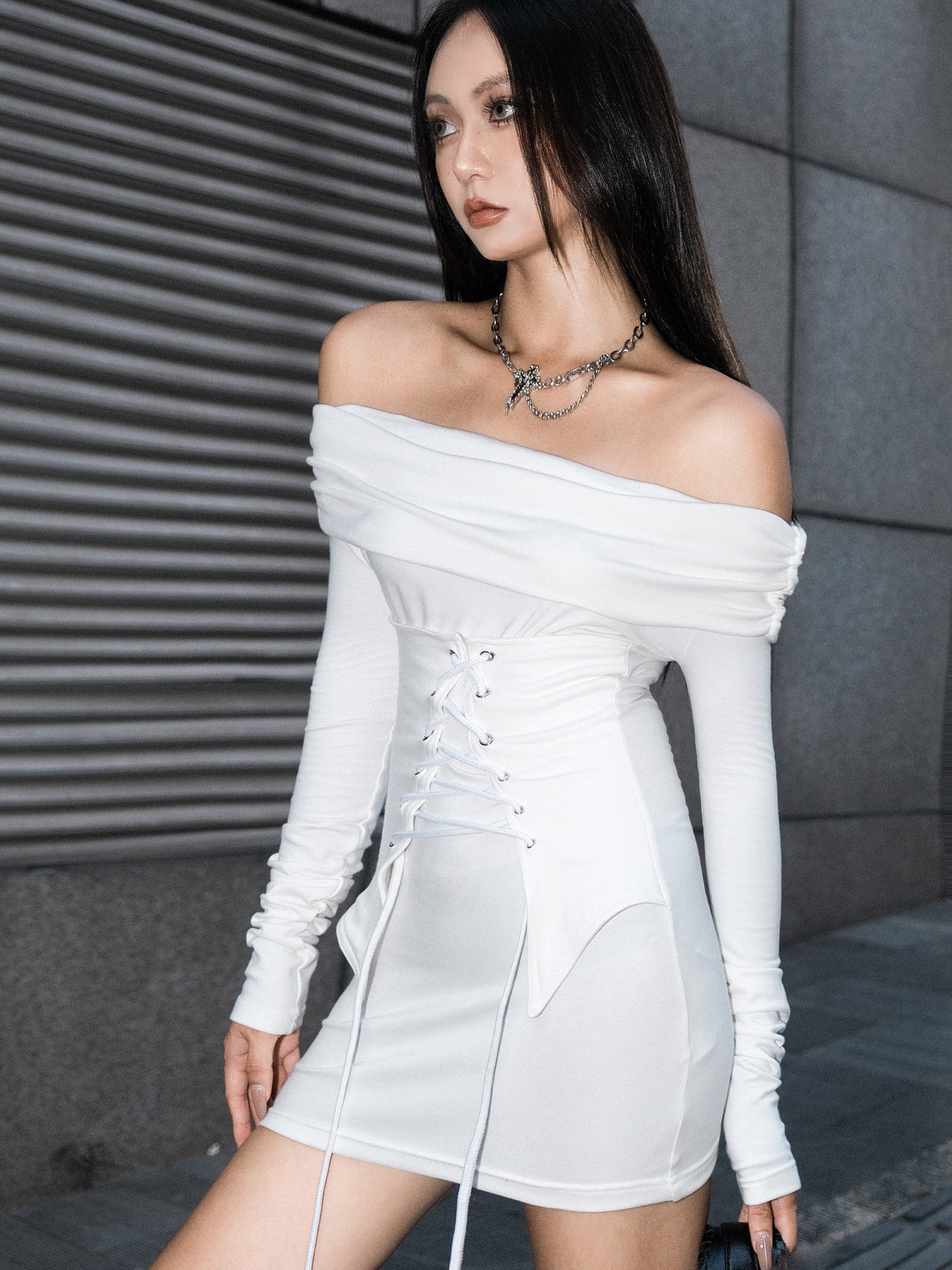 Zllkl Marinda Solid Color White Long Sleeve Off-the-Shoulder Slim Mini Dress + Lace Up Under Bust Corset