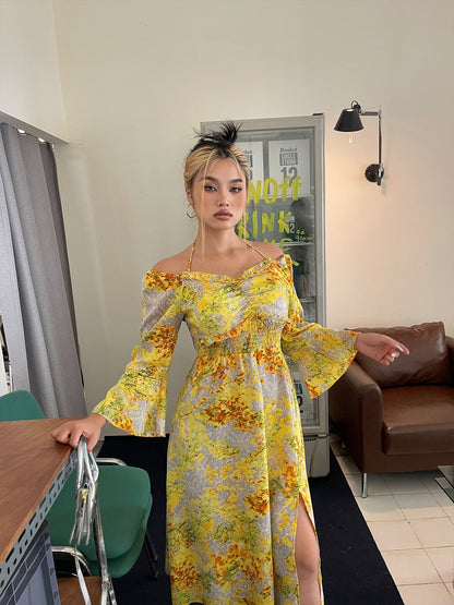 Zllkl Naoum Plus Size Sun Bright Yellow Floral Front Cross V-Neck Short Sleeve Side Slit Long Dress