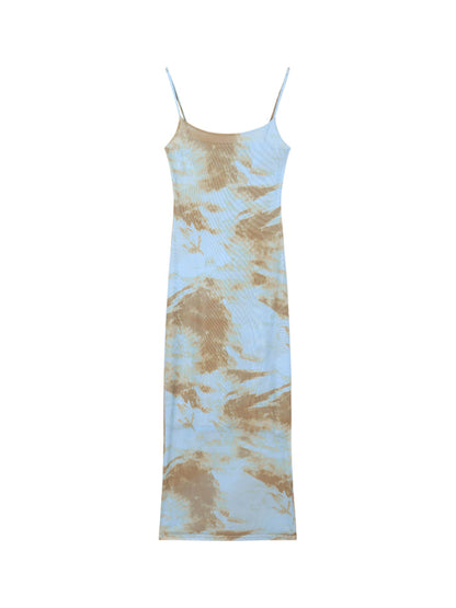 Zllkl Moan Blue & Brown Tie-Dye Spaghetti Strap Slip Slim Long Dress