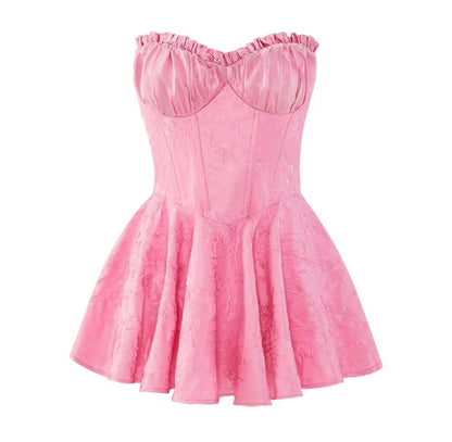Zllkl Gabriella Solid Color Jacquard Embroidery Sleeveless Bandeau V-Neck Corset Pleated Party Prom Dress