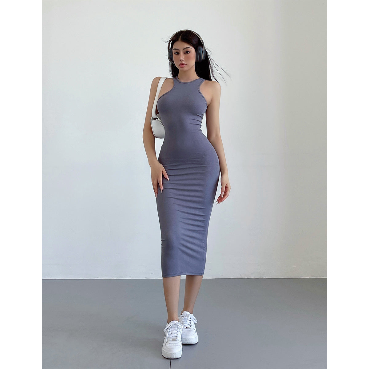 Zllkl Kim Solid Color Halter Neck Sleeveless Slim Long Dress
