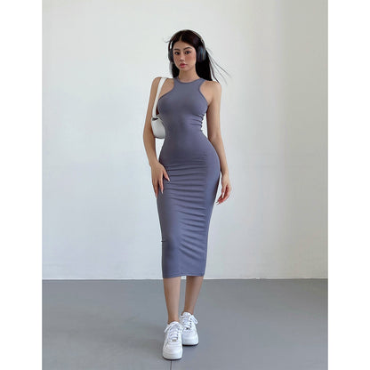Zllkl Kim Solid Color Halter Neck Sleeveless Slim Long Dress