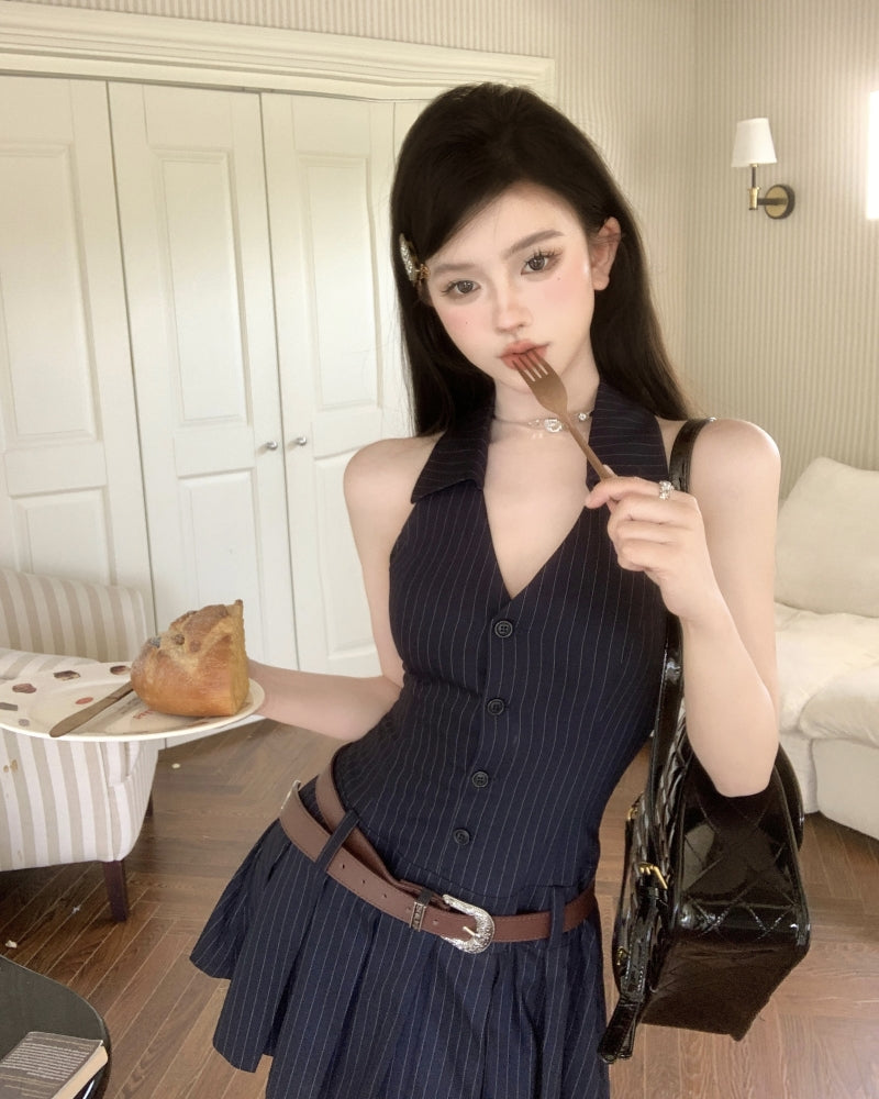 Zllkl Olivia Striped Navy Blue Slim Sleeveless V-neck Halter Neck Waist Belt Pleated A-line Mini Dress