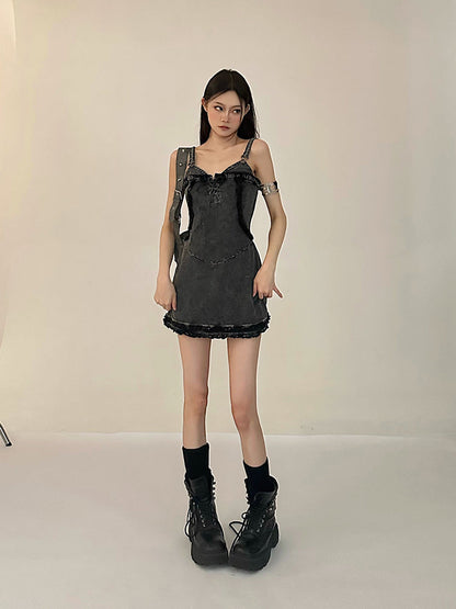 Zllkl Vanessa Denim Vintage V-Neck Spaghetti Strap Slim Mini Dress