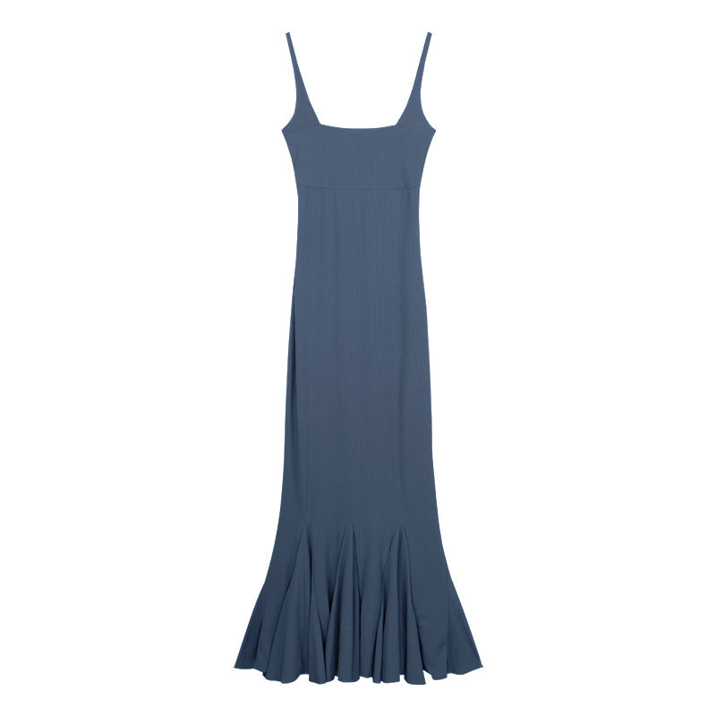 Zllkl Kielle Solid Color Square Neck Spaghetti Strap Slim Sleeveless Fishtail Long Dress