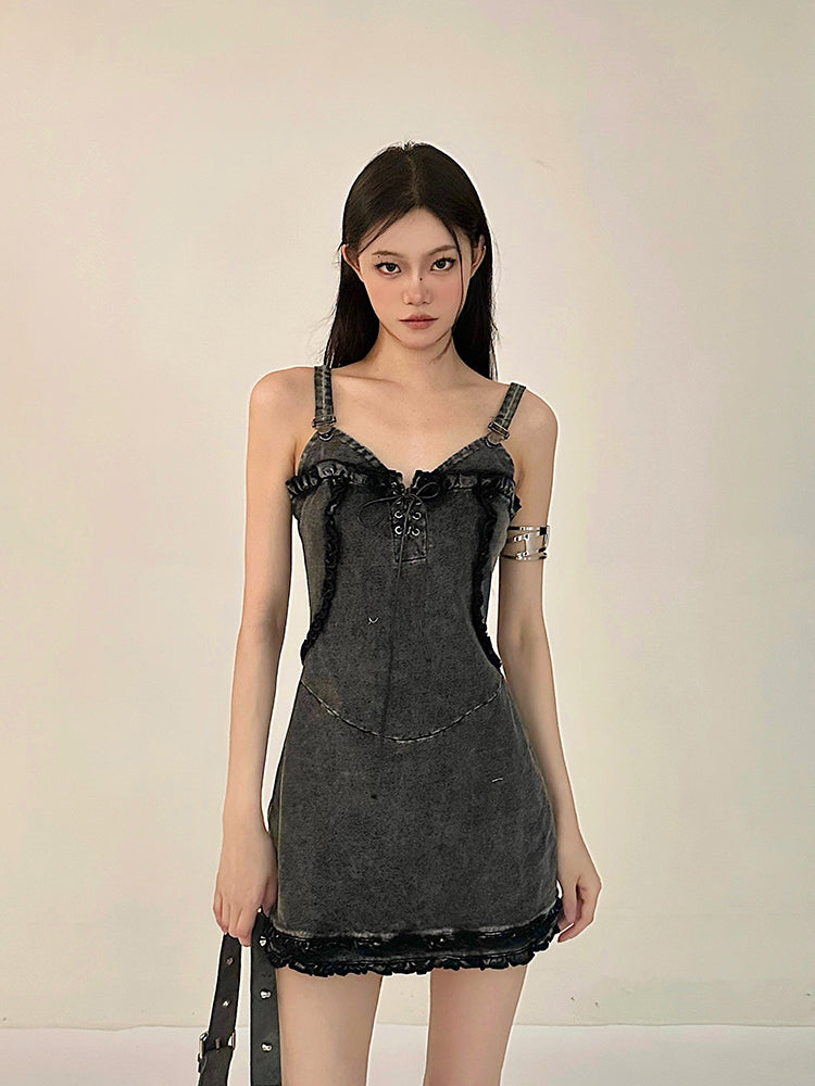 Zllkl Vanessa Denim Vintage V-Neck Spaghetti Strap Slim Mini Dress