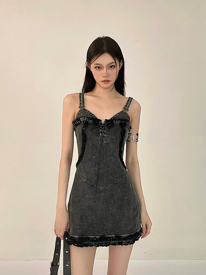 Zllkl Vanessa Denim Vintage V-Neck Spaghetti Strap Slim Mini Dress