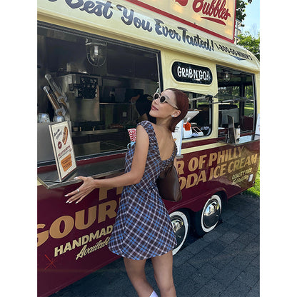 Zllkl Grazelda Blue Plaid Retro V-neck Backless Off-the-Shoulder Wide Sleeve A-line Mini Dress