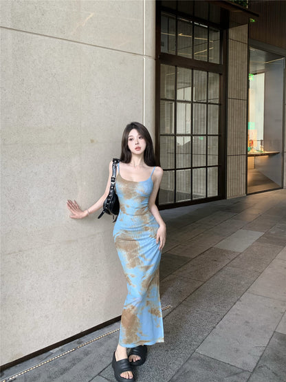 Zllkl Moan Blue & Brown Tie-Dye Spaghetti Strap Slip Slim Long Dress