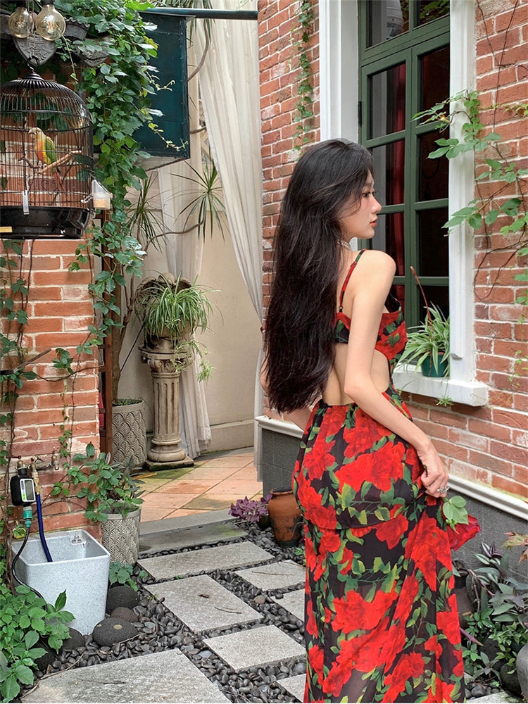 Zllkl Roses are Rosie Red Floral Vintage Spaghetti Strap V-Neck Long Vacation Summer Maxi Dress
