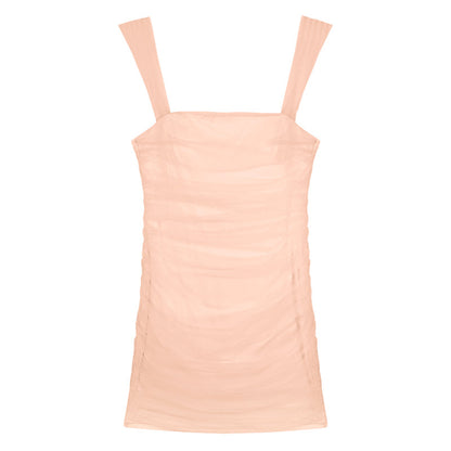 Zllkl Jianna Solid Color Square Neck Mesh Short-Sleeved Slim Mini Dress