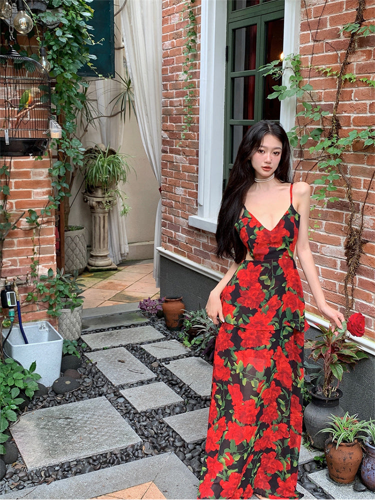 Zllkl Roses are Rosie Red Floral Vintage Spaghetti Strap V-Neck Long Vacation Summer Maxi Dress