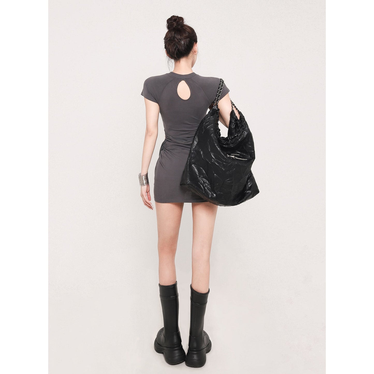 Zllkl Amaris Solid Color Casual Slim Short Sleeve Openwork Layered Mini Dress
