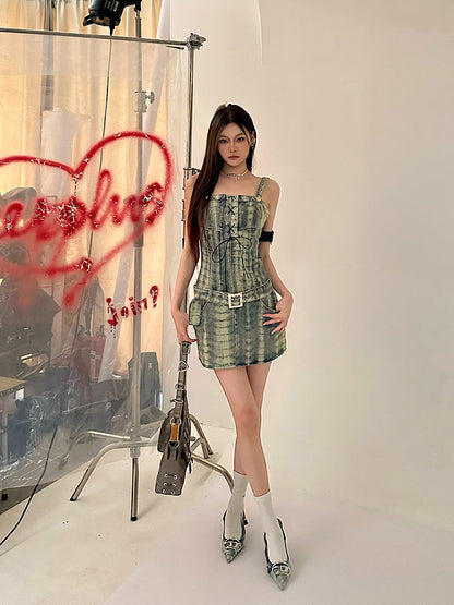 Zllkl Dania Denim Washed Pattern Wide Strap Lace Up Waist Belt Slim Mini Dress
