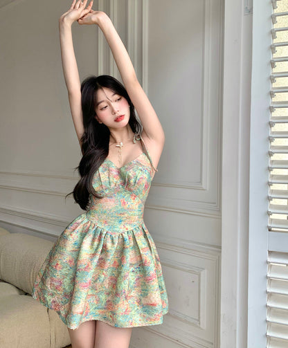 Zllkl Laura Green Floral Slip V-Neck Small Waist Puffy Pleated Mini Dress