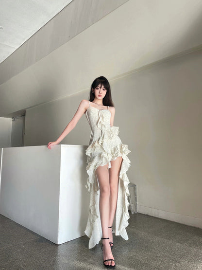 Zllkl Paula Floral V-Neck Spaghetti Strap Irregular Cut Out Ruffle Short Front Long Back Dress