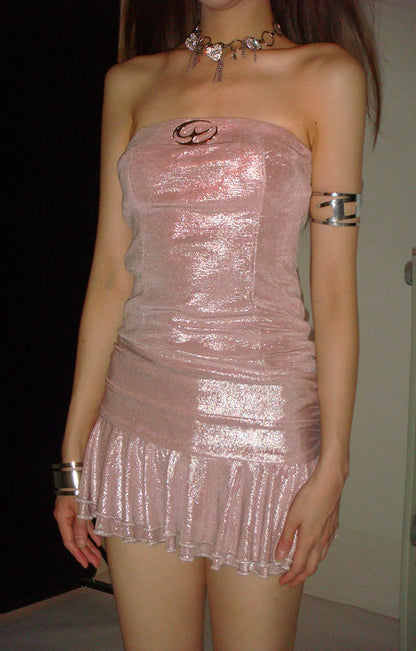 Zllkl Marabelle Solid Color Bling Shimmer Baby Pink Sleeveless Bandeau Pleated Slim Mini Dress